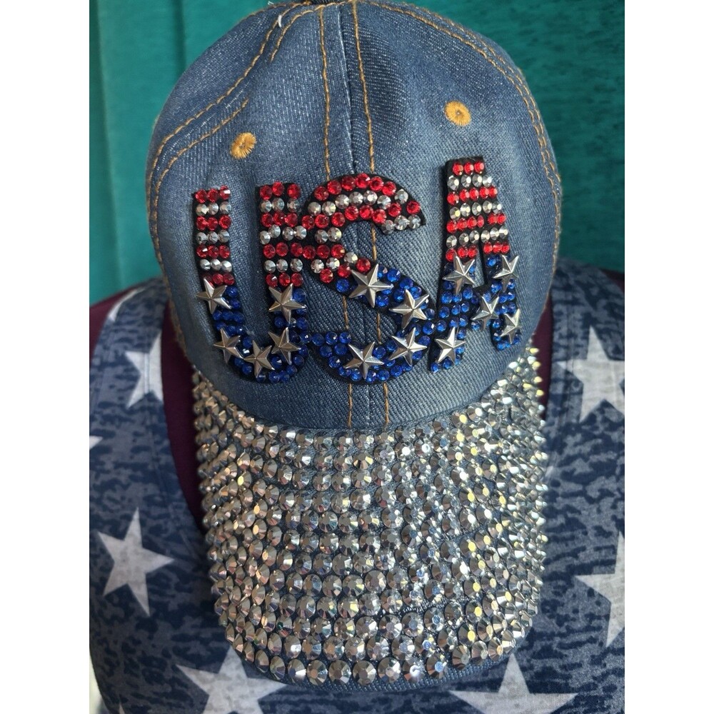 DENIM RHINESTONE USA BASEBALL CAP-ADJUSTABLE LEATHER STRAP PATRIOTIC TRUCKER HAT